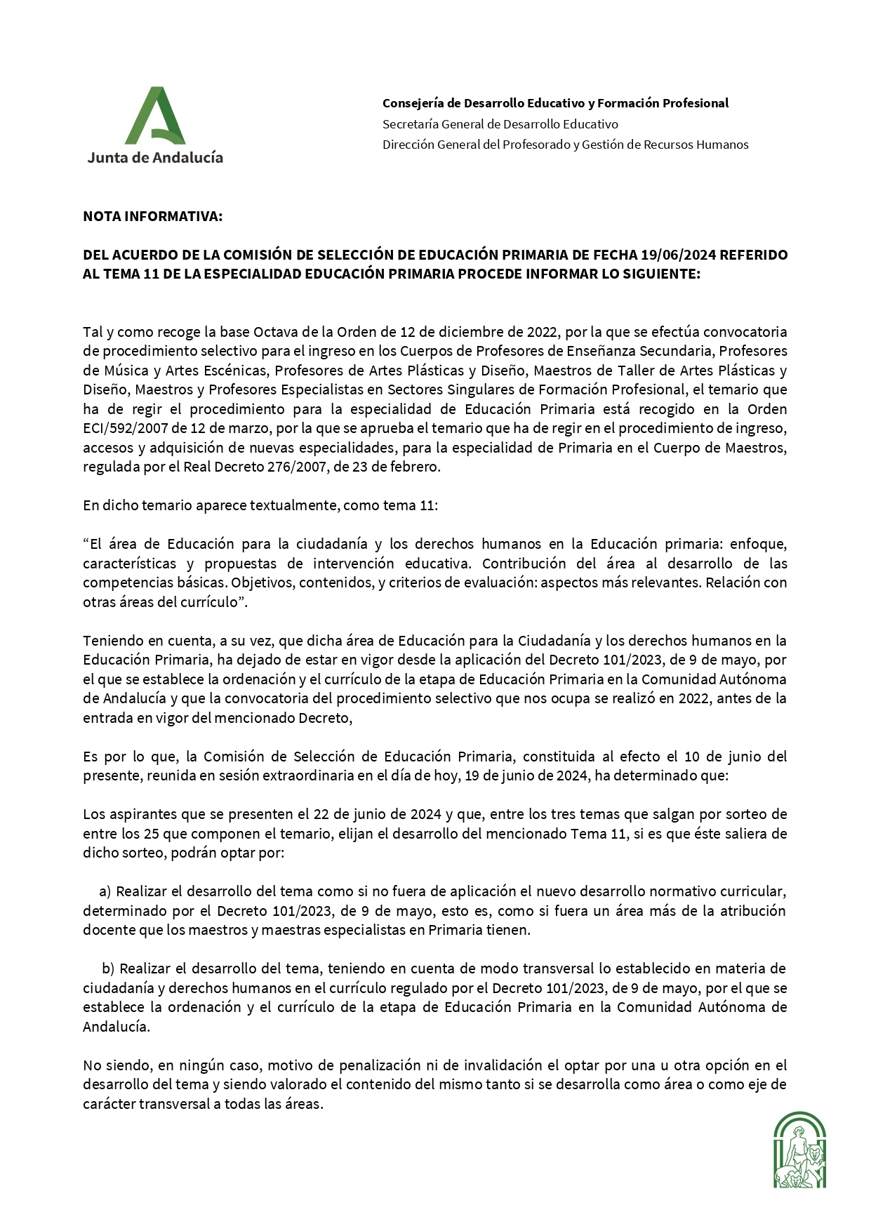 Acuerdo de la Comisión de Selección de Educación Primaria page 0001